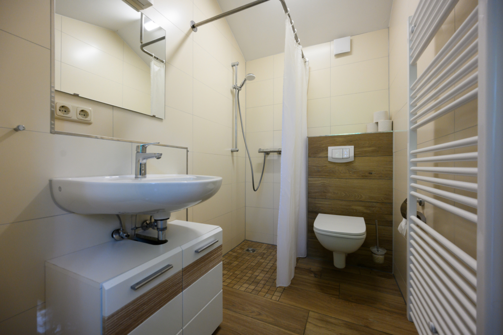 Friendly bathroom with shower, washbasin and toilet